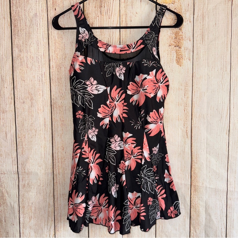 One Piece Swimsuit Slimming Skirted Bathing Suit, Swimdress, Black & Tropical M​ - Picture 3 of 11